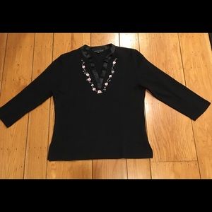 Black Sweater Embroidered Pink Flowers